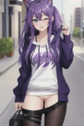 ai_generated blue_eyes blush fenthefox flashing_pussy furry_ears hoodie leggings_down one_eye_closed purple_hair pussy raine