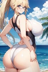 1girls ai_generated ass beach blonde_hair blue_eyes breasts competition_swimsuit dat_ass fate/grand_order fate_(series) female glasses hips huge_breasts jeanne_d'arc_(fate) jeanne_d'arc_(swimsuit_archer) large_ass light-skinned_female light_skin long_hair one-piece_swimsuit outdoors ponytail stable_diffusion swimsuit thick_thighs thighs wide_hips