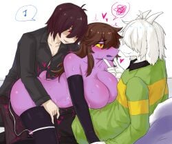 absurd_res alternate_species anthro asriel_dreemurr big_breasts bovid breasts brown_hair caprine chara clothed clothing deltarune female fully_clothed fur furrification goat group group_sex hair hair_over_eyes heart hechangjun250 hi_res horn human human_on_anthro interspecies kris_(deltarune) kris_(light_world_form) kris_dreemurr legwear male male/female mammal mostly_nude red_eyes reptile scalie sex sex_toy short_tail stockings susie_(deltarune) sweater tail thigh_highs threesome topwear trio undertale undertale_(series) vibrator white_body white_fur white_hair