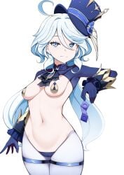 condom furina_(genshin_impact) genshin_impact hat limelam06 looking_at_viewer reverse_bunnysuit white_hair