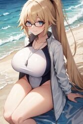 1girls ai_generated beach blonde_hair blue_eyes breasts competition_swimsuit fate/grand_order fate_(series) female glasses hips huge_breasts jeanne_d'arc_(fate) jeanne_d'arc_(swimsuit_archer) light-skinned_female light_skin long_hair one-piece_swimsuit outdoors ponytail stable_diffusion swimsuit thick_thighs thighs wide_hips