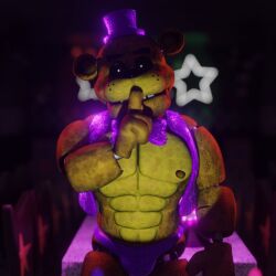 abs animatronic bear bulge clothing five_nights_at_freddy's fredbear_(fnaf) fur golden_freddy_(fnaf) hat headgear headwear hi_res humanoid machine male male_only mammal muscular muscular_male nipples polishbonnie purple_bow purple_bow_tie purple_bowtie purple_clothing purple_hat purple_headwear purple_underwear robot robot_humanoid scottgames shush solo underwear yellow_body yellow_fur