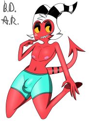 absurd_res b.d.a.r. balls boxer_briefs boxer_briefs_only boxers_(clothing) clothed clothing demon demon_boy demon_horns demon_tail femboy femboy_focus femboy_only feminine feminine_body feminine_male feminine_pose freckles genitals girly helluva_boss hi_res humanoid imp male male_focus male_only moxxie_(helluva_boss) nipples penis red_body red_skin solo tagme topless underwear underwear_only white_hair yellow_eyes