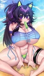 cat_ears huge_breasts huge_thighs nyarla_(crawling_dreams) osiimi popsicle purple_eyes