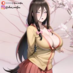 1girls adapted_costume ai_generated arms_behind_back big_breasts boruto:_naruto_next_generations breasts brown_hair chazwaifus2 cleavage female female_focus female_only huge_breasts hyuuga_hanabi instagram_username light-skinned_female light_skin long_hair nai_diffusion naruto naruto:_the_last naruto_(series) no_bra paipan pale-skinned_female pale_skin patreon_username purple_eyes ribbons shiny shiny_hair shiny_skin shirt skirt stable_diffusion url very_long_hair voluptuous watermark web_address