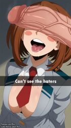 1boy 1girls ahe_gao boku_no_hero_academia breasts brown_hair cant_see_the_haters cleavage dkir heart-shaped_pupils huge_breasts huge_cock looking_at_viewer messy messy_hair my_hero_academia ochako_uraraka penis penis_in_face penis_in_front_of_face penis_over_eyes pubic_hair pubic_hair_on_face short_hair smile steam sweat torn_clothes uraraka_ochako veiny_penis