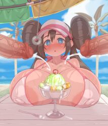 1girls 2boys areolae beach bikini breasts cum disembodied_penis female game_freak hi_res huge_breasts large_areolae long_hair male massive_breasts nintendo nipples outdoors penis pokemon pokemon_bw2 rosa_(pokemon) sweat sweaty_body tenako_(mugu77) twin_buns twintails