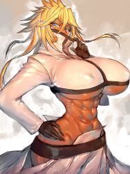 1girls abs arrancar bleach blonde_hair blue_eyes breasts cleavage covered_mouth cowboy_shot cropped_jacket dark-skinned_female dark_skin female fumio_(rsqkr) highres hip_vent hourglass_figure huge_breasts jacket mask mouth_mask muscular muscular_female navel solo tia_harribel toned underboob voluptuous white_jacket wide_hips