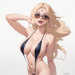 1girls acl_noraai ai_generated areola_slip artist_name bikini blonde_hair brown-tinted_eyewear brown_eyes covered_nipples forehead_jewel forehead_mark huge_breasts large_breasts long_hair looking_at_viewer naruto open_mouth simple_background slingshot_swimsuit smile solo sunglasses swimsuit tinted_eyewear tsunade wardrobe_malfunction watermark wet