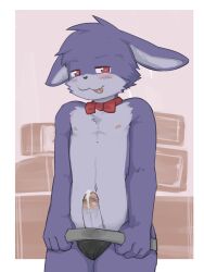 2023 5_fingers anthro bedroom_eyes blue_body blue_fur blush bodily_fluids bonnie_(fnaf) clothing ears_down embarrassed erection fingers five_nights_at_freddy's fur genital_fluids half-closed_eyes hi_res inside lagomorph leporid looking_at_viewer male male_only mammal narrowed_eyes navel nipples nude_male pivoted_ears precum rabbit red_eyes roo310 scottgames seductive solo sussy_baka television underwear