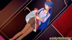 1girls 3d blue_hair boots clothes_lift fire_emblem fire_emblem:_the_binding_blade flashing jollyoldsoldier lifted_by_self lilina_(fire_emblem) long_hair long_sleeves nintendo pantyhose presenting see-through shirt skirt_lift teasing upskirt