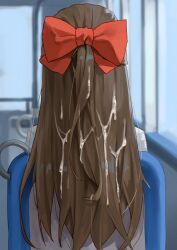 amog blurry blurry_background bow brown_hair bus_interior commentary_request commission cum cum_on_hair depth_of_field female from_behind hairbow highres long_hair love_live! love_live!_nijigasaki_high_school_idol_club ousaka_shizuku red_bow shirt sitting skeb_commission solo white_shirt