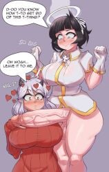 1futa 1girls angel azazel_(helltaker) balls big_breasts big_penis black_hair blue_eyes blush bottomless clothed clothing demon_horns duo erect_penis erection eyebrows eyewear female fully_clothed futa_on_female futanari gonzalo_costa halo helltaker human humanoid large_breasts large_penis light-skinned_female light-skinned_futanari light_skin long_hair modeus_(helltaker) partially_clothed penis red_eyes short_hair sireangelo standing sweater thick_thighs thighs white_gloves white_hair