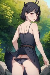 1girls ai_generated ass black_clover blush dress from_behind panties red_eyes secre_swallowtail skirt_lift solo stable_diffusion upskirt wardrobe_malfunction wind wind_lift