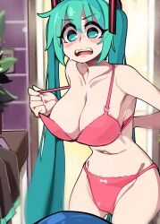 1girls blush bongfillstudent bra changing_clothes embarrassed female female_only hatsune_miku huge_breasts lean lean_body light-skinned_female light_skin lingerie looking_at_viewer panties slender_waist solo sweatdrop underwear underwear_only vocaloid wavy_mouth wide_hips