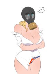 bedroom_eyes blonde_female blonde_hair blush british british_female british_flag button_down_shirt cleavage flag_print gas_mask hourglass_figure killing_floor large_breasts large_hips meowsdin mrs._foster_(killing_floor) off_shoulder panties shoulders thick_thighs thighs union_jack union_jack_panties