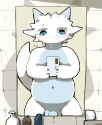 2023 5_fingers anthro ass balls bathroom blue_eyes blush bodily_fluids chubby_male dildo dragon embarrassed fingers flaccid genitals half-closed_eyes holding_object holding_phone inside looking_at_object looking_at_phone male mirror mirror_selfie moesouna_gomi narrowed_eyes navel nervous penis phone scales selfie sex_toy shadow shikodora soap_dispenser solo sweat white_body white_scales