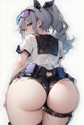 ai_generated alternate_costume ass ass_focus big_ass big_butt blush breasts bronya_zaychik brown_eyes eyewear_on_head female from_behind hairbow honkai:_star_rail honkai_(series) huge_ass long_hair looking_at_viewer looking_back medium_breasts ponytail rua_ai see-through see-through_clothing see-through_shirt shiny shiny_clothes shiny_hair shiny_skin short_shorts shorts sideboob silver_hair silver_wolf_(honkai:_star_rail) single_thighhigh solo sunglasses_on_head thighhighs