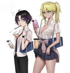 1boy 1futa boba_tea bubble_tea_challenge dickgirl fullta_futanari futanari golden_hair hands-free_bubble_tea ikemeru19 mano_ikarashi trap