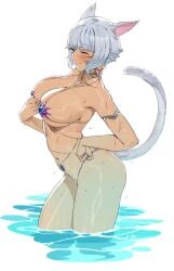 1girls armpits bikini breasts cat_ears cat_tail catgirl club3 female final_fantasy final_fantasy_xiv huge_breasts light-skinned_female light_skin miqo'te nanaya_(daaijianglin) naughty_face short_hair smile tail thick_thighs wet white_hair y'shtola