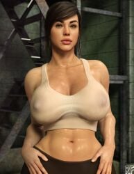 1girls 3d abs absurd_res big_breasts black_hair breasts brown_hair call_of_duty cleavage eyeshadow female female_only green_eyes hi_res large_breasts looking_at_viewer mara_(cod) muscular muscular_female navel posing rude_frog solo wet_clothes wet_sheets wet_skin