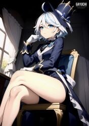 ai_generated bare_legs bare_thighs black_shorts blue_eyes blue_suit crossed_legs furina_(genshin_impact) genshin_impact gloves heterochromia legs looking_at_viewer nai_diffusion short_shorts shorts sitting stable_diffusion suit tagme thick_thighs thighs top_hat white_gloves white_hair