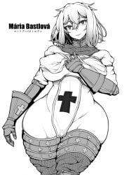 absurdres arm_armor armor ass_visible_through_thighs bottomless brdm-2 breasts character_name clothes_lift covered_nipples cowboy_shot female gauntlets greyscale groin highres large_breasts leg_armor looking_at_viewer medium_hair monochrome mons_pubis original parted_lips pussy simple_background solo tabard thick_thighs thighs white_background wide_hips