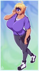 1girls absurd_res ahoge big_breasts blonde_hair clothed clothing cyclops dark-skinned_female dark_skin female female_only handbag highlights_(coloring) medium_hair pointy_ears purple_eyes solo souladdicted viviana_(souladdicted) walking