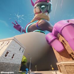 3d 3d_(artwork) ass_bigger_than_building big_ass blender buttcrush city dj_bop dj_bop_(fortnite) doonography fortnite fortnite:_battle_royale giantess growth hand_on_building huge_ass large_breasts looking_at_viewer macro peace_sign viewer_perspective viewer_pov