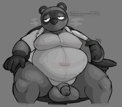 2023 animal_crossing anthro balls belly bodily_fluids canid canine english_text genitals greyscale half-closed_eyes heat_(temperature) hi_res humanoid_genitalia humanoid_penis locitony male male_only mammal monochrome moobs narrowed_eyes navel nintendo nipples overweight overweight_anthro overweight_male penis raccoon_dog sitting solo sweat sweaty_belly tanuki text tom_nook