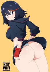 1girls ass ass_focus back_view bell_haircut black_hair blush blushing booty breasts female female_only frown kdtwifi kill_la_kill matoi_ryuuko panties red_highlights school_uniform senketsu skirt_lift solo thong unhappy_female watermark yellow_background