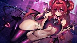 background big_breasts big_butt black_crown black_horn black_panties black_wings crown demon_girl demon_horns demon_wings elf_ears heart_tail huge_breasts huge_thighs latex light_skin long_ears long_hair nails no_sex osiimi panties purple_eyes red_hair red_nails smile smiling smiling_at_viewer succubus tail teeth voluptuous wedding_veil wings