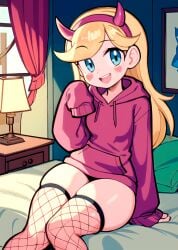 ai_generated blonde blonde_hair blue_eyes casual disney_channel disney_xd female female_only fishnet_legwear fishnet_stockings fishnets hoodie hoodie_only long_hair losforry_custom on_bed sitting_on_bed star_butterfly star_vs_the_forces_of_evil tagme thick_thighs thighs