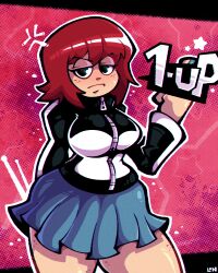 2022 angry big_ass big_butt blue_fingernails blue_skirt breasts bubble_butt censored freckles kim_pine legendofnerd looking_at_viewer middle_finger red_hair scott_pilgrim text_box thick_ass thick_thighs thighs