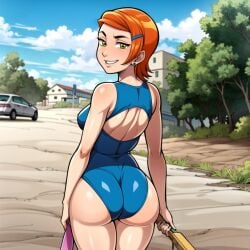 1girls aged_up ai_generated ass beach ben_10 big_ass blue_one-piece_swimsuit blue_swimsuit blush bubble_butt cartoon_network cats62 dat_ass earring female ginger ginger_hair green_eyes gwen_tennyson hairclip hand_on_hip jewelry large_ass light-skinned_female light_skin looking_at_viewer looking_back looking_back_at_viewer one-piece_swimsuit orange_hair short_hair smile smiling smiling_at_viewer solo swimsuit teenager thighs tight_clothing tight_swimsuit tight_swimwear voluptuous voluptuous_female wide_hips