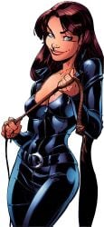 black_bodysuit blue_eyes brown_hair cleavage danger_girl j_scott_campbell long_hair looking_at_viewer mischievous_smile secret_agent shiny_clothes sydney_savage tight_clothing whip zipper_pull_tab