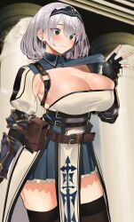 1girls armor bangs belt belt_pouch black_gloves black_thighhighs blurry blush braid breasts brown_belt chest_belt chest_strap cleavage cleavage_cutout closed_mouth clothes_pull clothing_cutout collared_dress collared_shirt dress fingerless_gloves gloves green_eyes grey_hair hair_between_eyes hairband hololive hololive_fantasy hololive_japan huge_breasts jikatarou large_breasts medium_hair mole mole_on_breast pleated_dress pouch puffy_sleeves shirogane_noel shirt short_hair skindentation skirt solo steam sweat thighhighs thighs tiara upper_body virtual_youtuber wavy_hair wrist_guards zettai_ryouiki