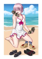 1girls beach black_shoes blue_eyes dress fate/grand_order fate_(series) feet female female_only glasses human humanoid licking licking_shoes looking_at_viewer mash_kyrielight one_eye_covered shoes shoes_off tagme tongue_out white_dress white_hair