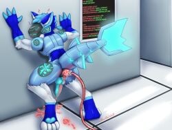 4:3 absurd_res against_surface against_wall anal anal_sex android animal_genitalia anthro arms_above_head artificial_intelligence ass bandai_namco blue_body blue_eyes blue_fur bodily_fluids colored_cum computer computer_virus_(program) cord corrupted corruption cum cum_in_ass cum_inside cum_on_ground cum_on_penis cybernetics cyborg digimon digital_hazard digital_media_(artwork) ejaculation english_text erection fin fur genital_fluids genitals glitch hair hi_res howlfeiwolf leaning_against_wall machine male male_only male_penetrated markings mind_break mind_control nude pawpads penetration penis protogen raised_leg red_cum robot sex shark_tail simple_background solo symbol tail text tube unusual_bodily_fluids unusual_cum unusual_genital_fluids virus white_body