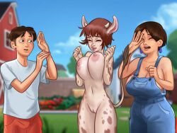 1boy 2d 2girls animal_humanoid areolae barn big_breasts bottomwear bovine breasts brown_hair cleavage closed_eyes covering covering_eyes cow_ears cow_girl cow_horns cow_print cowgirl creature curvy curvy_body curvy_female curvy_figure daisy_(summertime_saga) darkcookie diane_(summertime_saga) digital_drawing_(artwork) digital_media_(artwork) ear_piercing earrings garden horns light-skinned_female light-skinned_male light_skin looking_down main_character_(summertime_saga) nipples outdoors outside overalls piercing piercings pussy pussy_lips pussy_peek shirt shorts standing summertime_saga surprised surprised_expression tail thick_thighs topwear trio vagina