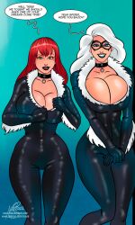 2022 2girls ass athletic athletic_female big_ass big_breasts black_cat_(cosplay) black_cat_(marvel) black_lips black_lipstick blue_eyes bodysuit breasts breasts_bigger_than_head busty cleavage curvy dialogue digital_drawing_(artwork) english_text eyebrows eyelashes felicia_hardy female female_focus female_only fit fit_female freckles fully_clothed green_eyes hips hourglass_figure huge_breasts human human_only large_breasts legs light-skinned_female light_skin lipstick long_hair looking_at_viewer makeup male_pov marvel marvel_comics mary_jane_watson mask masked_female mavruda offscreen_character offscreen_male peter_parker red_hair red_lips red_lipstick slim slim_waist speech_bubble spider-man spider-man_(series) text thick thick_hips thick_legs thick_thighs thighs thin_waist top_heavy top_heavy_breasts upper_body voluptuous voluptuous_female white_hair wide_hips