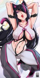 1girls animal_ears areola_slip ass_visible_through_thighs bayeuxman big_breasts black_hair breast_curtains capcom cat_ears cat_tail covered_nipples juri_han lolipop lollipop midriff pants pink_hair see-through solo street_fighter thick_thighs underboob wide_hips