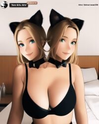 2girls ai_generated ai_reworked ai_translated bedframe bedroom black_bra black_cat blonde_hair blue_eyes cat_ears cat_girl cat_humanoid catgirl cleavage conjoined conjoined_twins female fused green_eyes huge_breasts large_breasts milk_bottle multi_head novel_ai novelai stuck_together swago3789