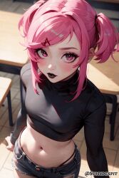 ai_generated bangs black_lipstick blush crop_top doki_doki_literature_club female female_only from_above goth goth_girl hairclip lipstick long_sleeves looking_at_viewer makeup midriff natsuki_(doki_doki_literature_club) pink_eyes pink_hair short_hair shorts small_breasts solo solo_female suicidespit thong_straps twintails