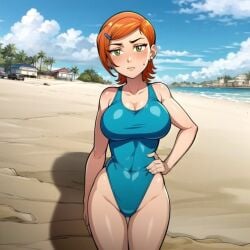 1girls aged_up ai_generated beach ben_10 big_breasts blue_one-piece_swimsuit blue_swimsuit blush breasts cartoon_network cats62 cleavage earrings female ginger ginger_hair green_eyes gwen_tennyson hairclip hand_on_hip jewelry large_breasts light-skinned_female light_skin looking_at_viewer navel navel_visible_through_clothes one-piece_swimsuit orange_hair short_hair solo standing sweat sweatdrop swimsuit teenager thighs tight_clothing tight_swimsuit tight_swimwear voluptuous voluptuous_female wide_hips