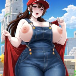 1girls ahe_gao ai_generated big_breasts blue_overalls breasts brown_hair cap clothing female female_only genderswap_(mtf) light-skinned_female mario mario_(series) nipples outdoors overalls pale-skinned_female red_eyes rule_63 solo standing topless