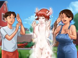 1boy 2d 2girls animal_humanoid areolae barn big_breasts bottomwear bovine breasts brown_hair cleavage closed_eyes covering covering_eyes cow_ears cow_girl cow_horns cow_print cowgirl creature curvy curvy_body curvy_female curvy_figure daisy_(summertime_saga) darkcookie diane_(summertime_saga) digital_drawing_(artwork) digital_media_(artwork) ear_piercing earrings garden horns light-skinned_female light-skinned_male light_skin looking_down main_character_(summertime_saga) nipples outdoors outside overalls piercing piercings pussy pussy_lips pussy_peek shirt shorts standing summertime_saga surprised surprised_expression tail thick_thighs topwear trio vagina