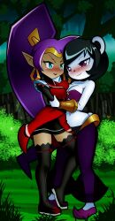 2girls anthro blush chacrawarrior crossover female female_only freedom_planet freedom_planet_2 human looking_at_partner miniskirt neera_li outfit_swap panda purple_hair shantae shantae_(character) thighhighs video_games yuri