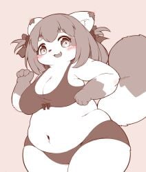 big_breasts big_butt blush blushing breasts chubby_female cute cute_face cute_fang fluffy_ears fluffy_tail hair_bow looking_at_viewer radiowave short_hair shortstack tanuki thick_thighs wide_hips