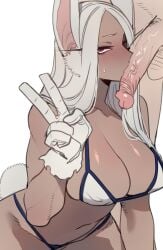 1boy 1girls animal_ears bare_shoulders big_breasts bikini blue_bikini blush boku_no_hero_academia breasts cleavage dark-skinned_female dark_skin duo female female_focus gloves highres kissing_penis large_breasts light-skinned_male light_skin long_hair looking_at_viewer male male/female miruko mr.skull my_hero_academia navel parted_bangs peace_sign penis rabbit_ears ratatatat74 red_eyes rumi_usagiyama shiny_skin simple_background skinfluting straight swimsuit unseen_male_face v v_sign veins veiny_penis white_background white_bikini white_gloves white_hair